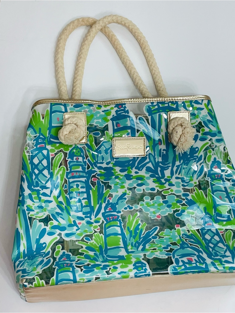 Lilly Pulitzer Beach Tote Lighthouse Braided Straps Waterproof PVC